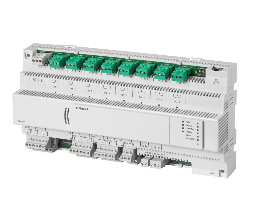 Régulateur compact avec 36 points physiques et interface PPS2,communications BACnet/IP, extensible avec des modules d'E/S